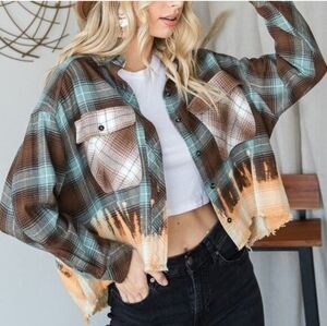 Oli & Hali Cropped Bleached Flannel Button Down Western Grunge Top Large